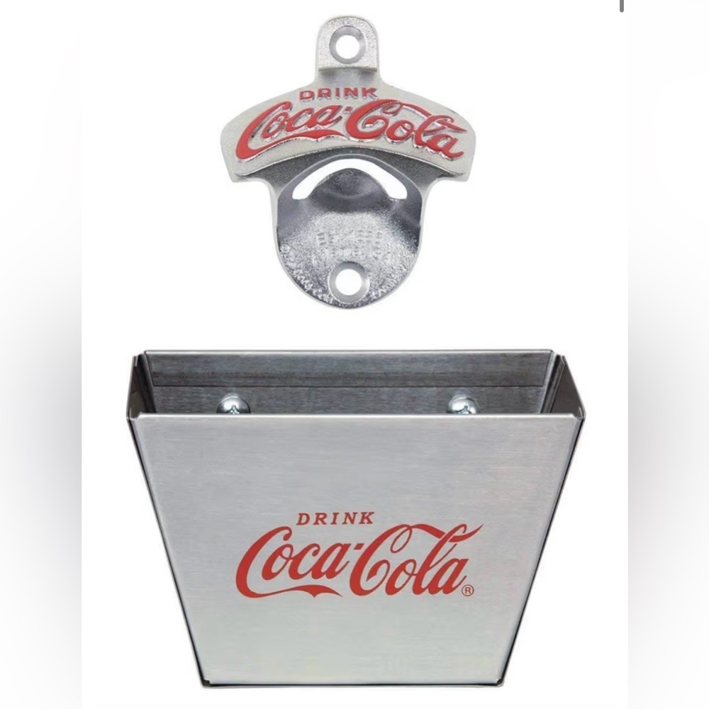 NEW Coca Cola Wall Mount Bottle Opener & Coca Cola Bottle Cap Catcher Set